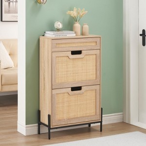 Shoe Cabinet Narrow, Rattan Shoe Storage with Flip Doors for 20-22 Pairs, Adjustable Shelves, Metal Feet, 100x24x88cm Entryway Organizer for Hallway - 1 of 4