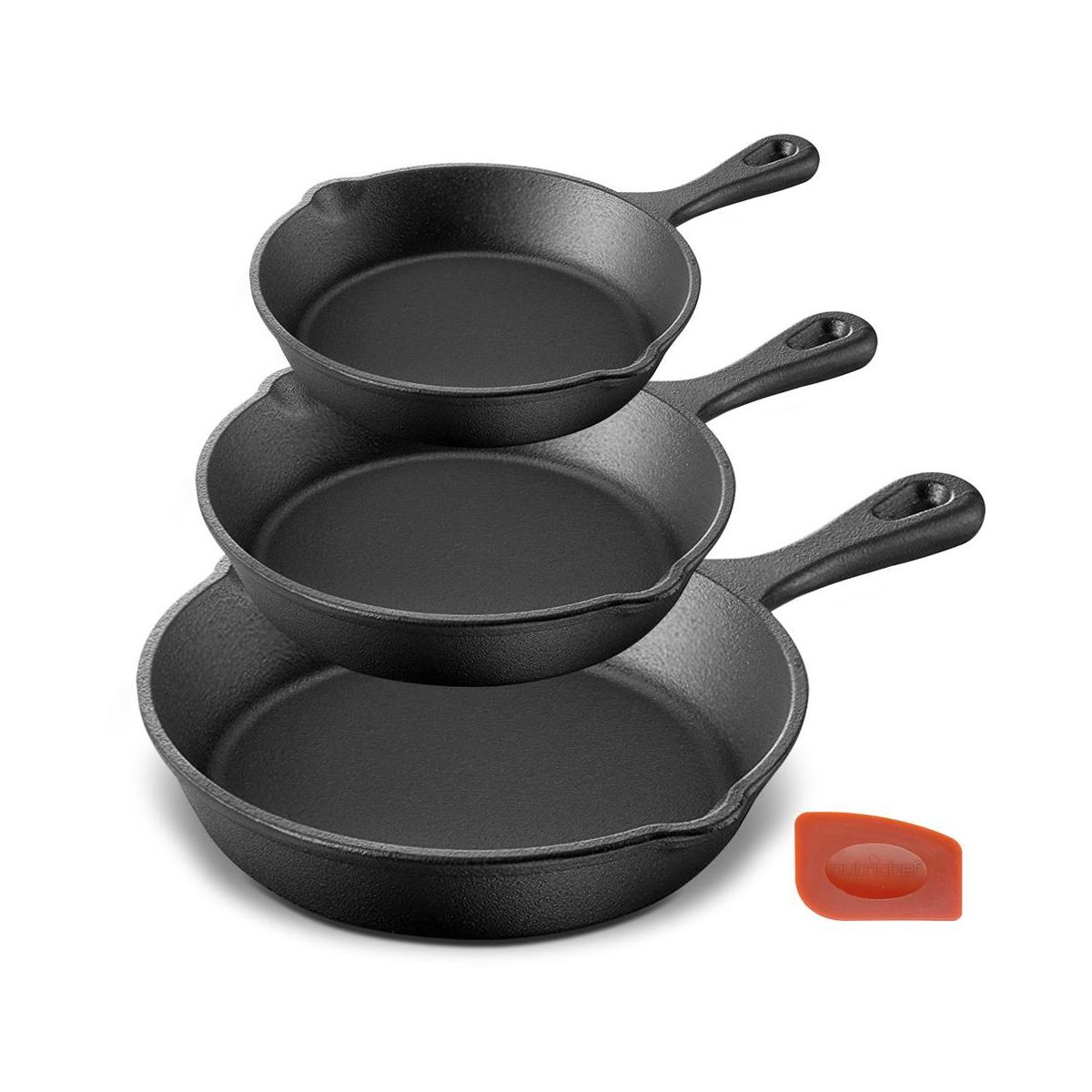 NutriChef 3pc Kitchen Skillet Pans - Pre-Seasoned Iron Skillet Cooking Pan Set with Scraper