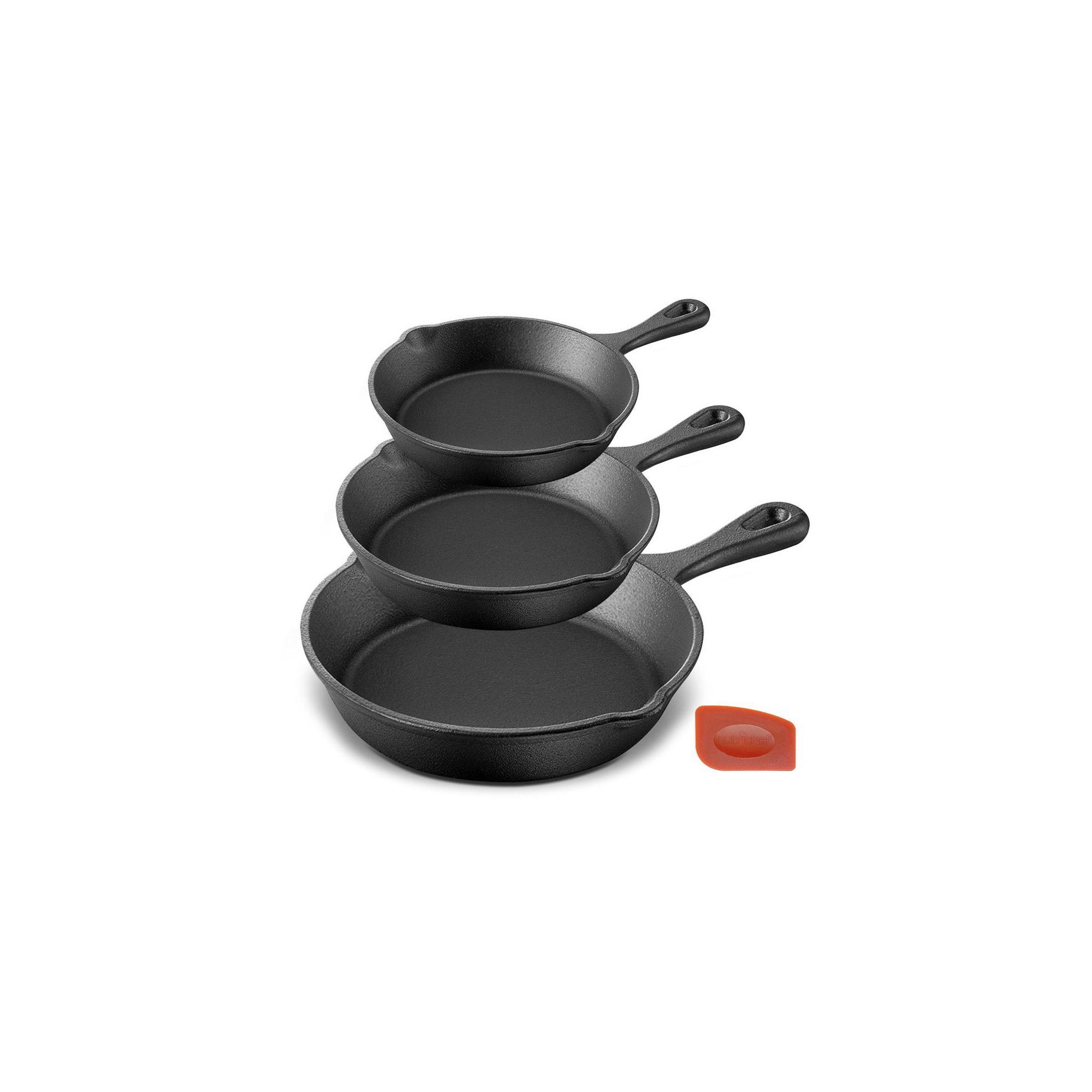 NutriChef 3pc Kitchen Skillet Pans - Pre-Seasoned Iron Skillet Cooking Pan Set with Scraper