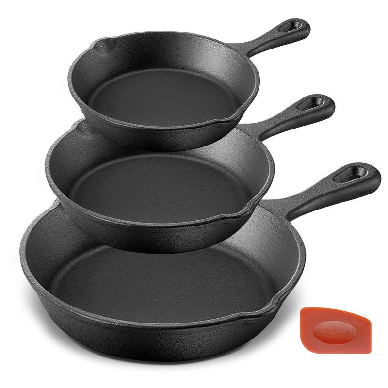 NutriChef 3pc Kitchen Skillet Pans - Pre-Seasoned Iron Skillet Cooking Pan Set with Scraper, 1 of 7