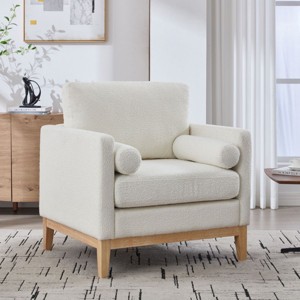 Bouclé Modern Farmhouse Accent Armchair with Natural Wood Base and 2 Bolster Pillows,Reading Chair for Living Room–The Pop Home - 1 of 4