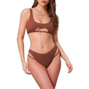INSPIRE CHIC Women's Cutout Racerback Ribbed Bikini Sets, Scoop Neck Top Triangle Bottom Swimwear Bathing Suits 1 Set - 1 of 4