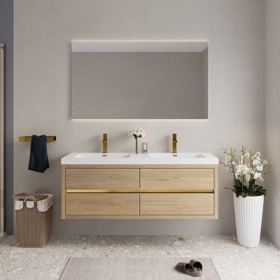 Whisen Pre-Assembled Floating Wall-Mounted Bathroom Vanity with Stone Resin Sink, U-Shaped Storage Drawers