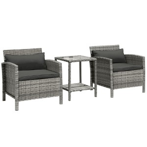Outsunny 3 Piece Patio Furniture Set w/ Cushions, PE Rattan Wicker Outdoor Table And Chairs Conversation Set w/ 2-Tier Glass Top Coffee Table - 1 of 4