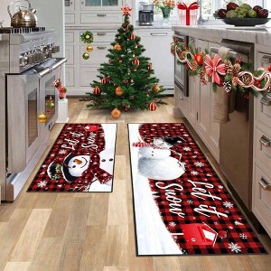 Christmas Snowman Kitchen Rugs, 17x30+17x47 Inches, Plaid Winter Mats, Washable Non - Slip Floor Decor - 1 of 4