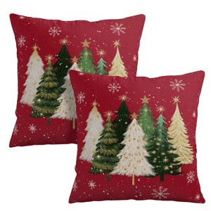 Red Christmas Decorative Pillow Covers 18x18 Set of 2 Watercolor Xmas Tree Snowflakes - 1 of 3