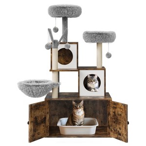 Multi-Level Wooden Cat Tree Tower with Hidden Litter Box Enclosure & Condo, Sisal Scratching Posts, Soft Perch & Toys, Modern Cat Furniture - 1 of 4