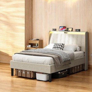 Mshliw Platform Bed Frame with Upholstered Headboard, USB Ports & Wooden Slats – No Box Spring Needed, Beige - 1 of 4