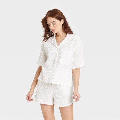Women&#39;s 100% Cotton Short Sleeve Notch Collar Pajama Top - Stars Above&#8482; White M
