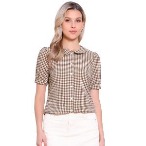 Allegra K Women's Plaid Gingham Puff Short Sleeve Peter Pan Collar Button Down Shirt - 1 of 4