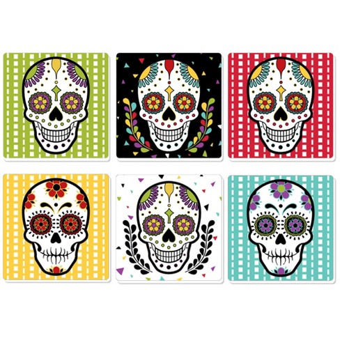 Ebros Fancy Sugar Skulls Day Of The Dead Ceramic Coaster Set of 4 Tiles 