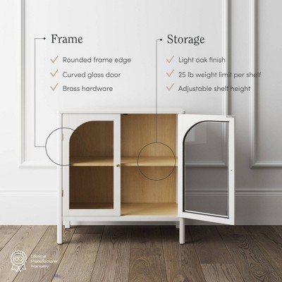 White and Light Oak Glass Door Storage Cabinet with Brass Handles