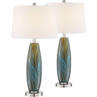 360 Lighting Modern Table Lamps 29.5" Tall Set of 2 Handcrafted Blue Brown Art Glass White Fabric Drum Shade for Living Room Bedroom (Color May Vary)