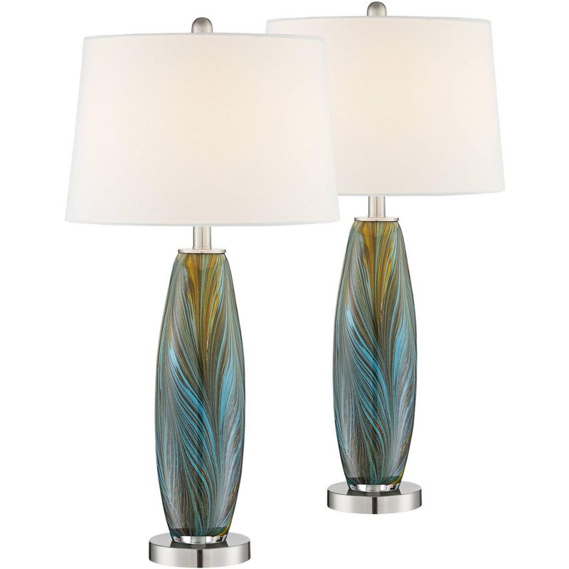 360 Lighting Azure Modern Table Lamps 29 1/2" Tall Set of 2 Blue Brown Art Glass White Fabric Drum Shade for Bedroom Living Room Bedside Nightstand, 1 of 10