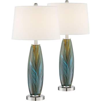 360 Lighting Azure Modern Table Lamps 29 1/2" Tall Set of 2 Blue Brown Art Glass White Fabric Drum Shade for Bedroom Living Room Bedside Nightstand