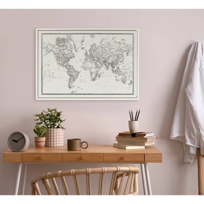 Vintage Black and White World Map Framed Canvas Wall Art