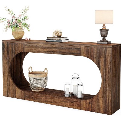 Gulches Farmhouse Console Table, Scalloped Edge, 2-Tier, Brown, 63", Sofa/Entryway/Hallway Table