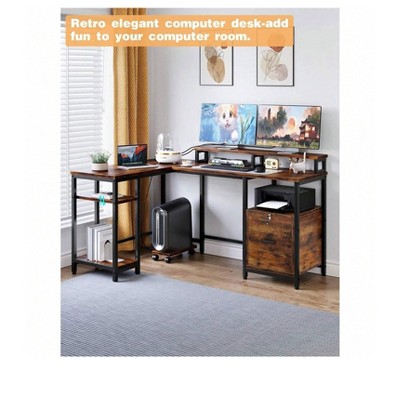 L-shaped desk with dual monitor setup in a room