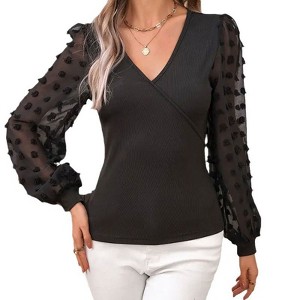 Coolmee Womens Puff Long Sleeve Shirts V-Neck Lace Tops Business Casual Blouses Tee Fall Fashion Outfits Clothes - 1 of 4