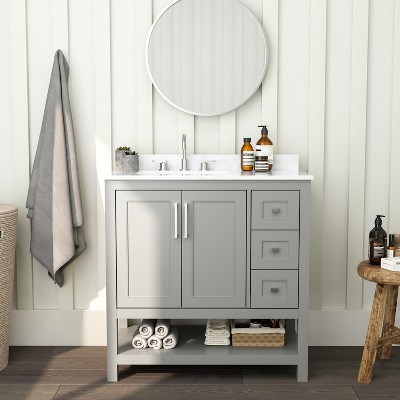 Merrick Lane Bathroom Vanity with Ceramic Sink, Carrara Marble Finish Countertop, Storage Cabinet with Soft Close Doors, Open Shelf and 3 Drawers