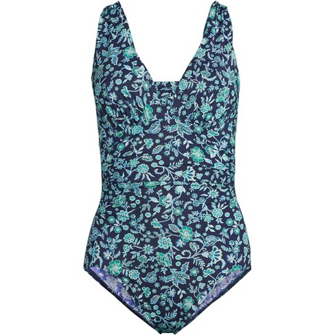 Lands' End Women's Slendersuit Grecian Tummy Control Chlorine Resistant One  Piece Swimsuit - 12 - Navy/turquoise Ornate Floral : Target