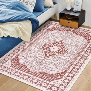 Area Rug, Vintage Boho Printed Washable Rug - Stain Resistant Low Pile Carpet with Non-Slip Backing for Living Room, Bedroom - 1 of 4