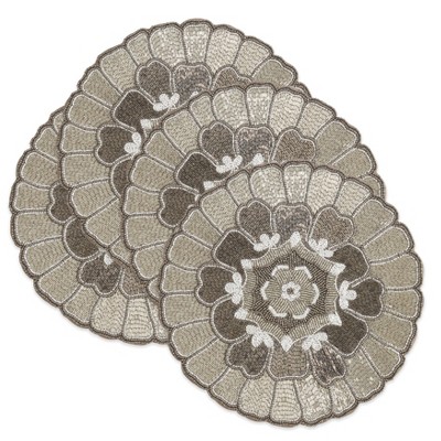 Silver Floral Design Round Beaded Placemats Set of 4