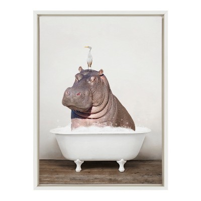 Whimsical Hippo and Bird in Bath Canvas Print