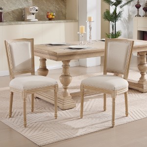 French Country Dining Chairs Set of 2 – Upholstered with Natural Rattan T-Shaped Back, Solid Wood Frame, Carved Details-- Frevyn - 1 of 4