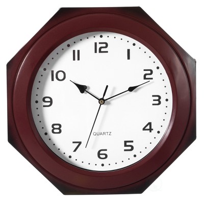 Quickway Imports Brown Modern Decorative Octagon Shaped Wood- Looking Plastic Wall Clock for Living Room, Kitchen, or Dining Room