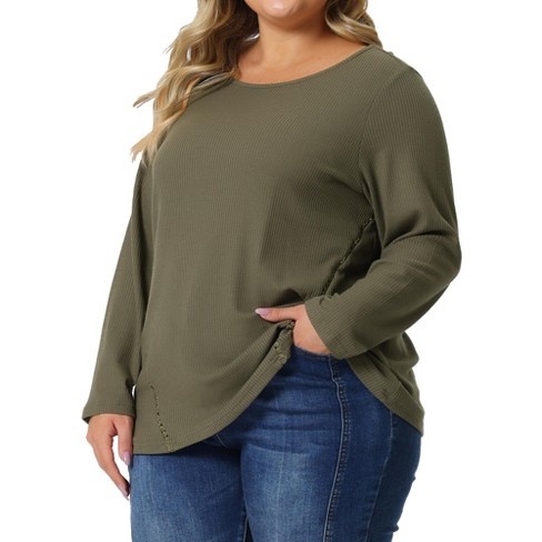 ANYFIT WEAR Long Sleeve Fall Blouse for Women Square Neck Ribbed Knit  Shirts Top Cozy Warm Pullover Tops Army Green XL 