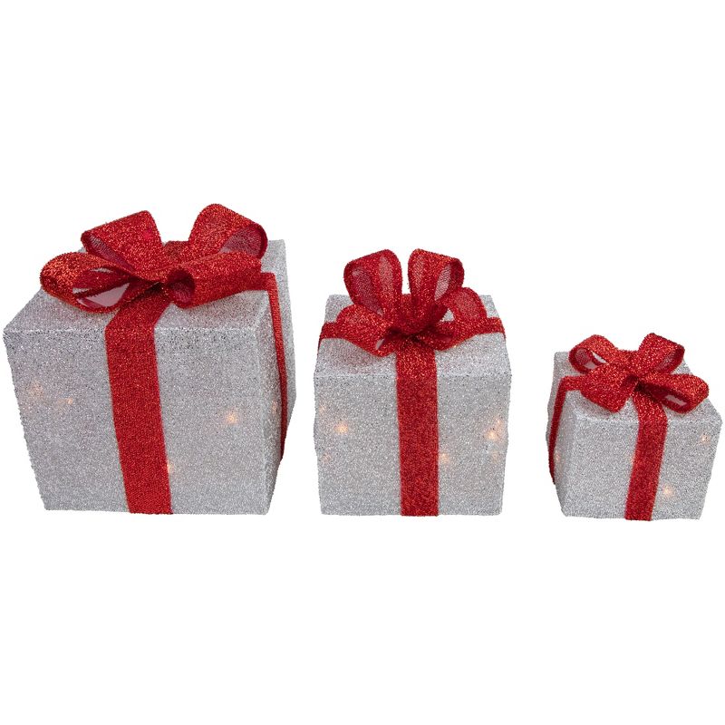 Northlight Set of 3 Silver Tinsel Lighted Gift Boxes with Red Bows Outdoor Christmas Decorations, 4 of 7