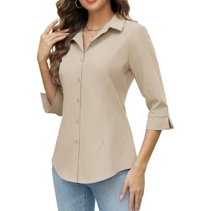 Zeagoo Women Button Down Shirts 3/4 Sleeve Basic Business Dress Shirt Slim  Fitted Classic V Neck Button Up Work Blouse Tops : Target