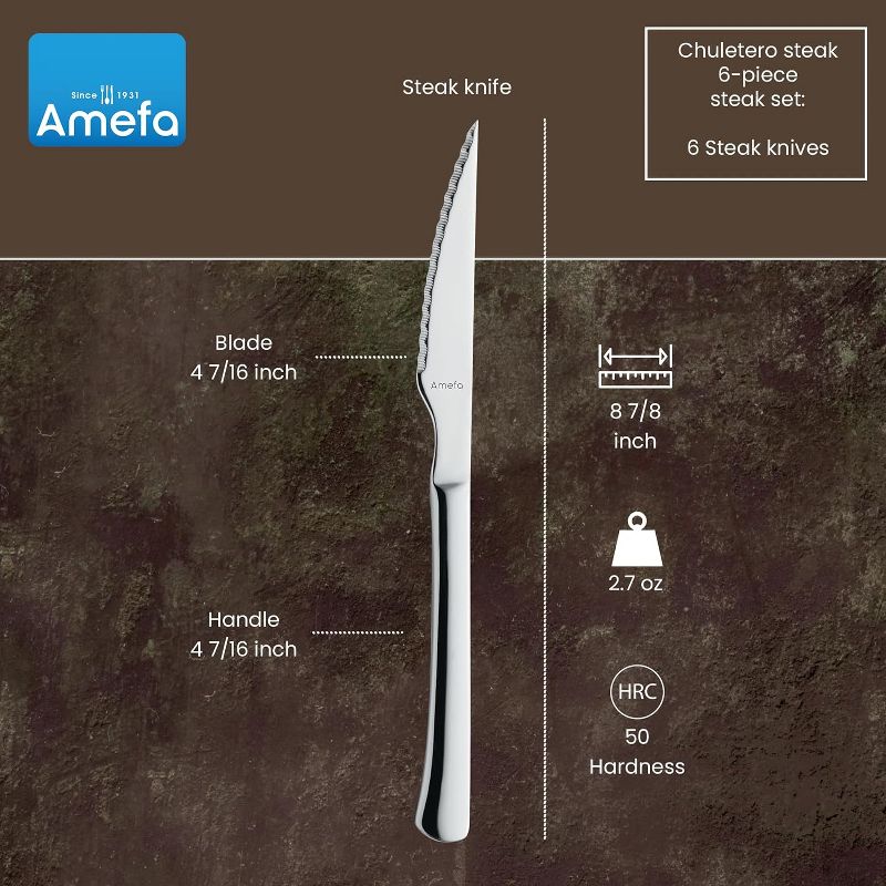Amefa Chuletero Steak Knives, Set of 6, Hardened Stainless Steel, Hammered Ergonomic Handle Design, Micro Serrated Edge 4 Inch Blade Steak Knife, 2 of 7