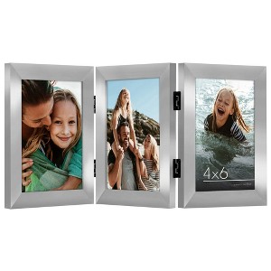 Americanflat Hinged 3 Photo Frame in Nickel Color MDF - Desk Photo Frame for 4X6" Photos - Tri Folding Picture Frame For Desk - 1 of 4