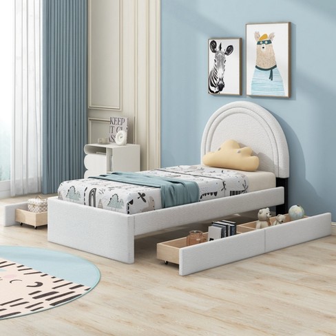 Twin Size Teddy Upholstered Platform Bed With 4 Drawers, White - ModernLuxe