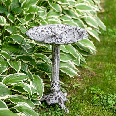 Antique Gray Cast Aluminum Bird Bath with Blossom Motif