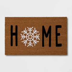 1'6"x2'6" Christmas Snowflakes 'Home' Flocked Coir Doormat Black/White - Wondershop™: Outdoor Medium Pile - 1 of 4