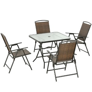 Outsunny 5 Pieces Wicker Patio Dining Set, Foldable Outdoor Table and Chairs with Umbrella Hole, Tempered Glass Table, Dark Brown - 1 of 4