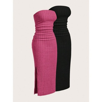 Mocaler  2 Pieces Set: Brushed Ribbed Side Slit Fitted Tube Top Dress,Summer Dresses For Women