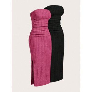Mocaler  2 Pieces Set: Brushed Ribbed Side Slit Fitted Tube Top Dress,Summer Dresses For Women - 1 of 4