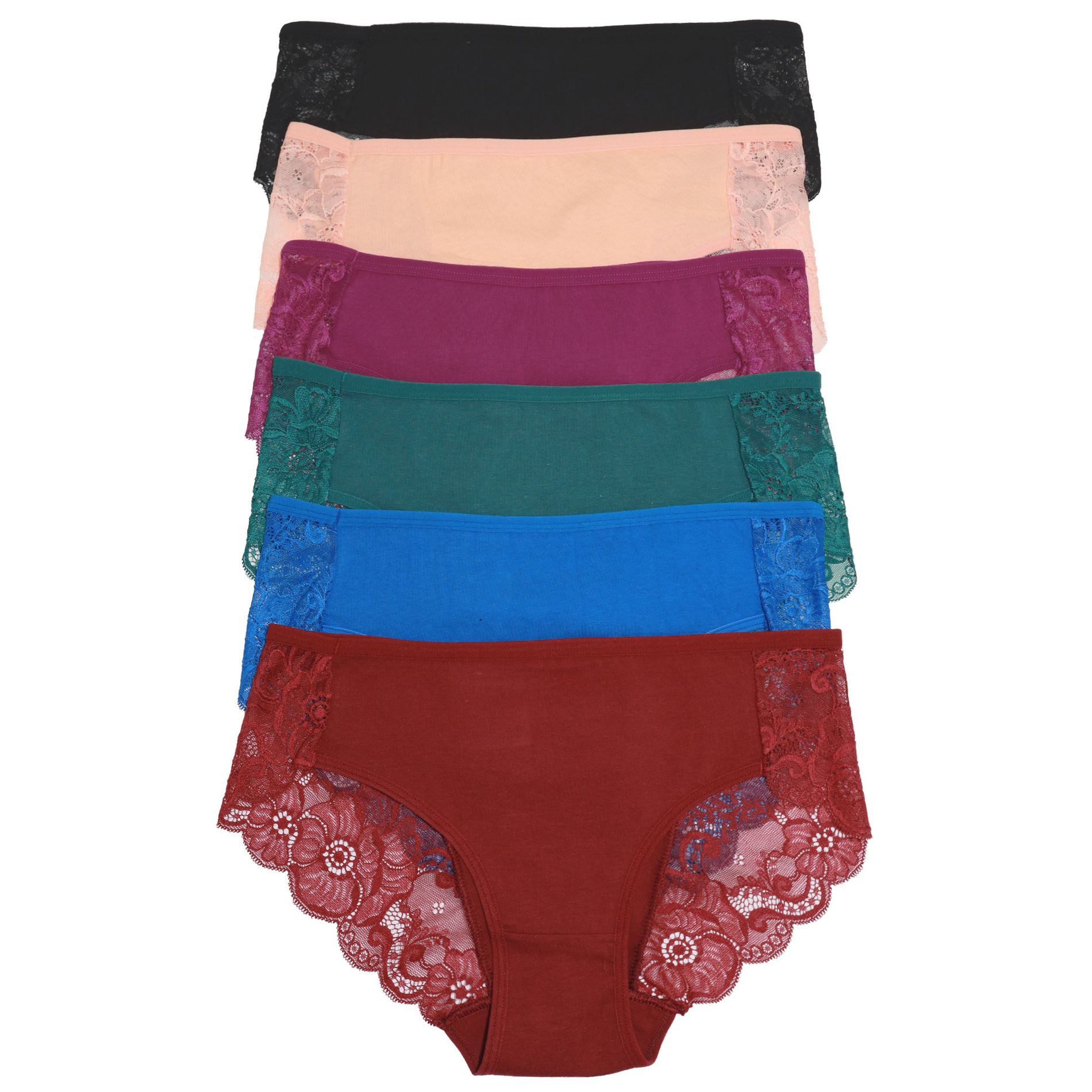 Angelina Womens Cotton Hiphugger Panties with Back Lace Accent (6-Pack)