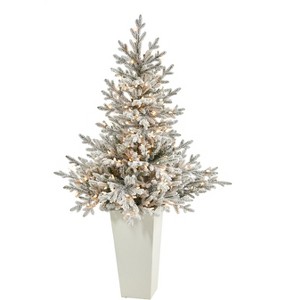 Nearly Natural 57-in Flocked Fraser Fir Artificial Christmas Tree with 300 Warm White Lights and 967 Bendable Branches in Tower Planter, Green/White - 1 of 4