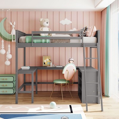 NicBex Full Size Bunk Bed with Desk Loft Bed Pine Bed Frame with Shelves, Inclined Ladder and Guardrails, No Box Spring Required