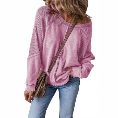 Women's Waffle Knit Patchwork Raglan Sleeve Sweatshirt - Shewin
