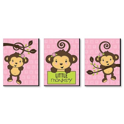 Big Dot of Happiness Pink Monkey Girl - Baby Girl Nursery Wall Art and Kids Room Decorations - Gift Ideas - 7.5 x 10 inches - Set of 3 Prints