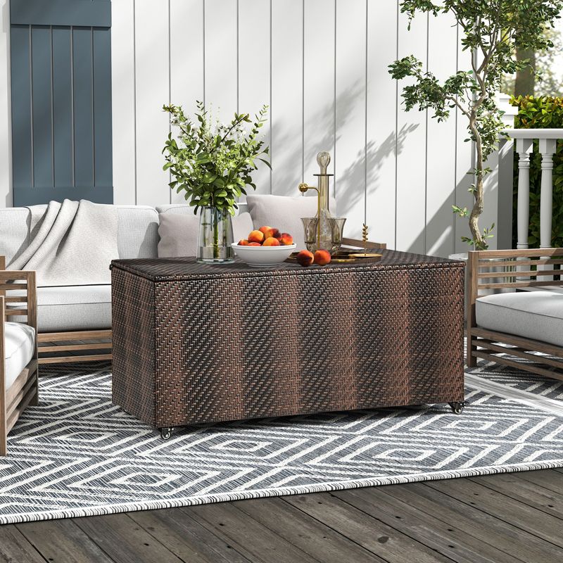 Tangkula 96 Gallon Outdoor Storage Box PE Wicker Deck Box with 4 Wheels & Waterproof Liner Patio Rattan Storage Container Mix Brown/Mix Grey, 2 of 11