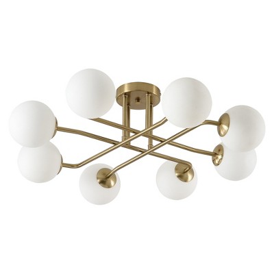 PAKOKULA Mid-Century 8-Light Gold Sputnik Semi-Flush Mount Ceiling Light Fixture with Globe Frosted Glass Shade