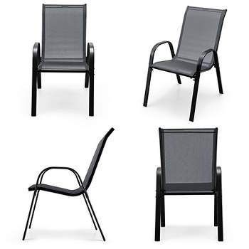 Tangkula 4PCS Patio Stacking Dining Chairs w/ Curved Armrests & Breathable Seat Fabric Gray