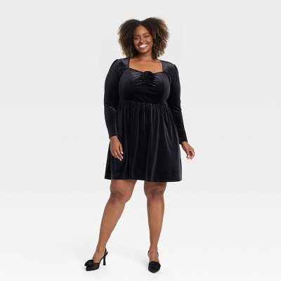 Women's Holiday Long Sleeve Rosette Midi A-Line Dress - Ava & Viv™ Black 1X